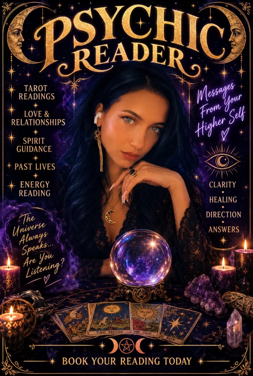 Psychic reader with crystal ball and tarot cards