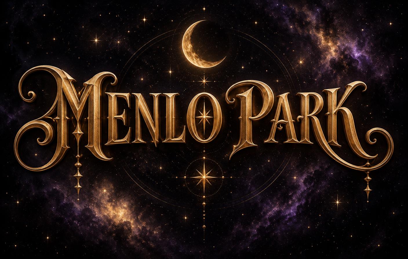 Menlo Park — psychic reader logo in ornate gold lettering with a crescent moon